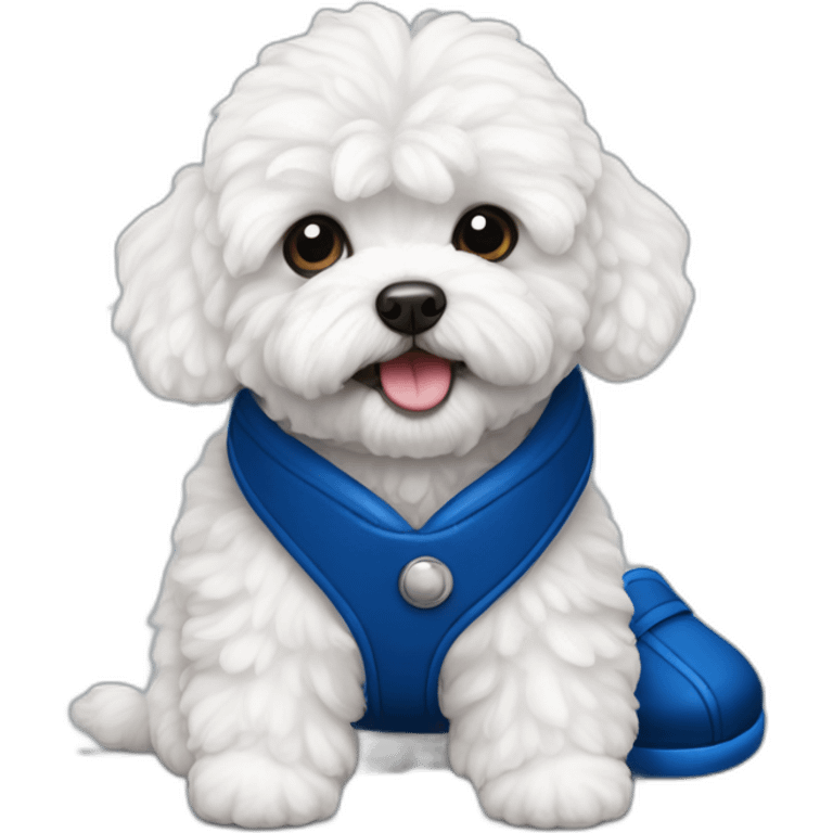 white maltipoo with dark blue slipper in his mouth emoji