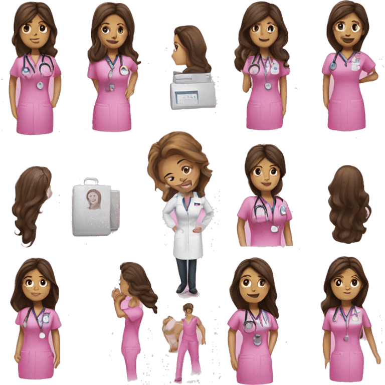 Nurse, woman, long brunette hair, pink scrubs emoji