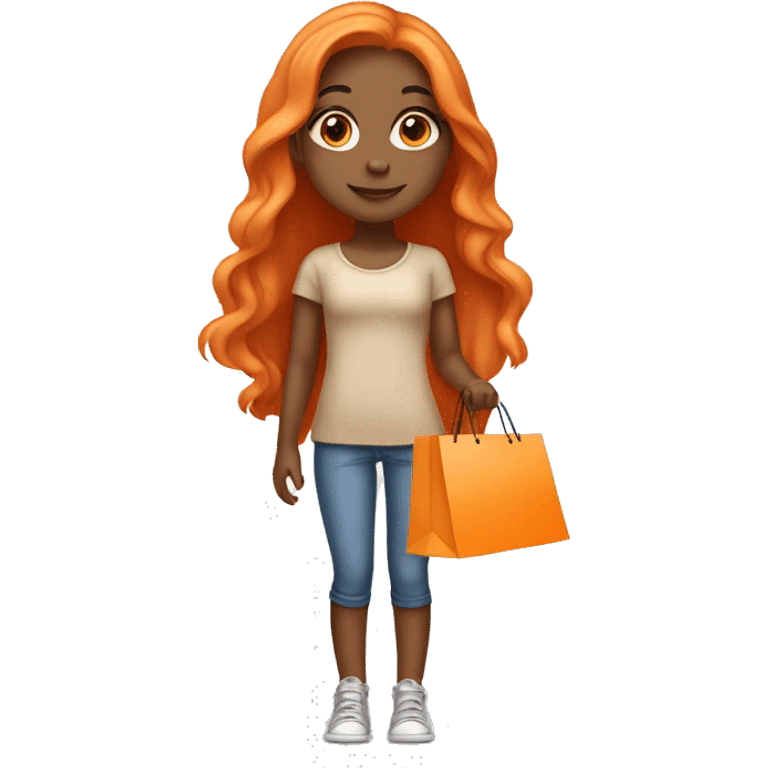 Tan girl with long orange hair wearing cute outfit holding shopping bags emoji