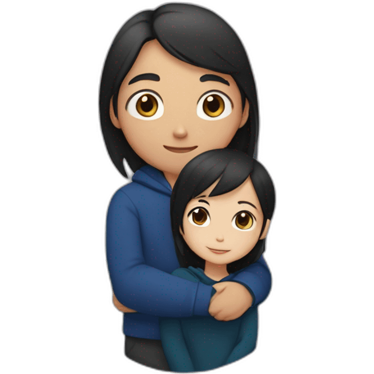 Asian boy with black hair and dark blue hoodie hugging girl with light brown hair and black blouse and silver circle earrings  emoji