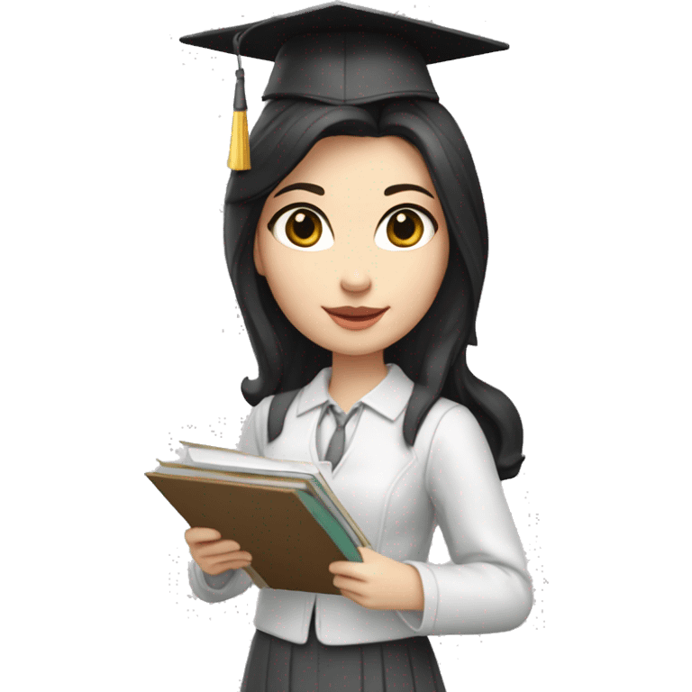 pale skin girl graduate student with middle length black hair,wearing graduate black cap, gray eyes, White classical jacket, blouse, Gray skirt holding a color palette in the hands emoji