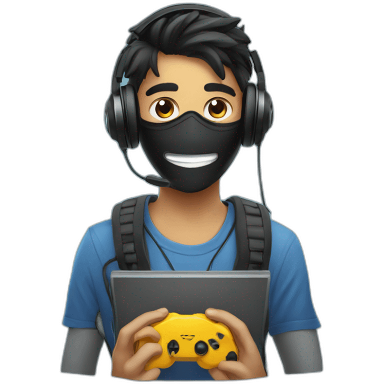 happy Indian teen gamer with gaming headphones and black mask with computer in background emoji