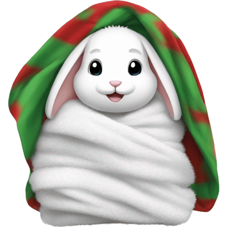 White fluffy bunny in christmas blanket emoji