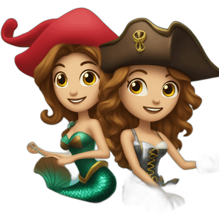 Brown haired mermaid and woman pirate in Santa’s sleigh emoji