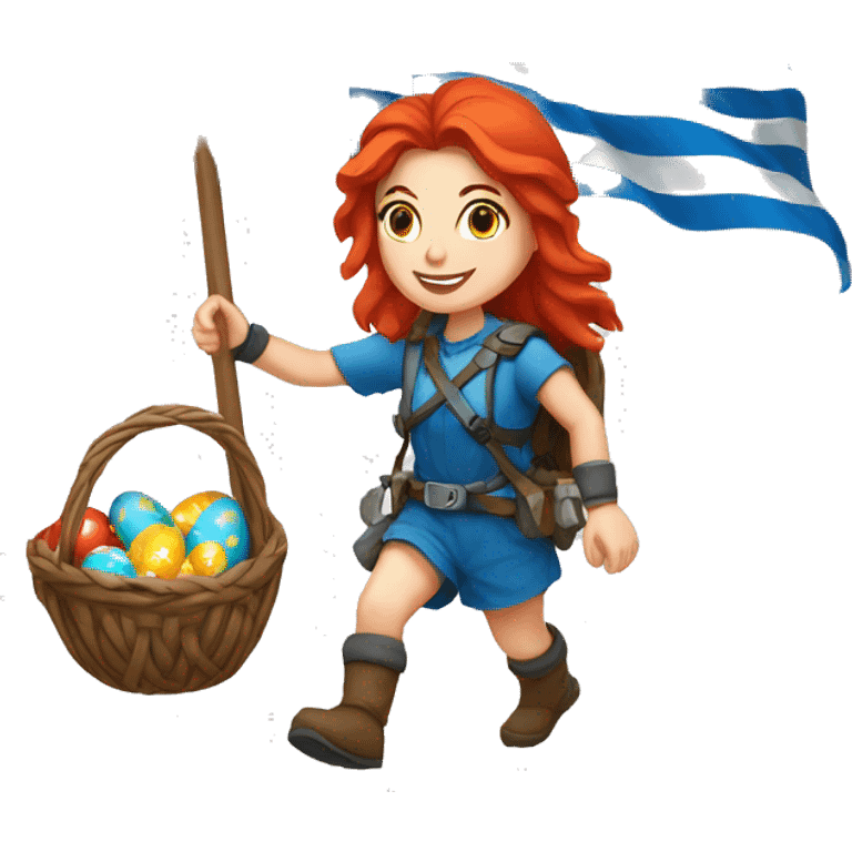 Greek Female winter mountaineer red hair white skin climbing with Greek Flag and Easter eggs basket emoji