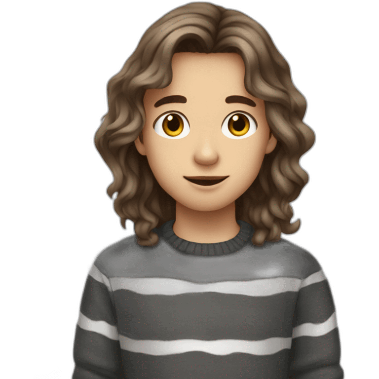 teenager boy brown long wavy hair and dark gray striped sweater emoji