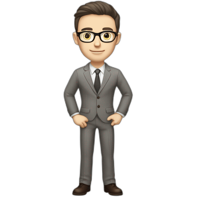 Full height Pale skinned Fit Man With dark brown hair in classic gray suit, beige office shirt, dark gray tie, and vintage glasses. Thrumbs of his palms directed up emoji