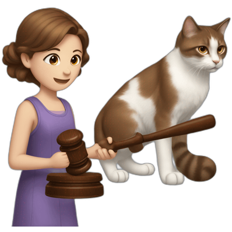 a young girl with brown hair grabbing a Gavel like a judge, and with two cats behind her, one black and the other one snowshoe emoji