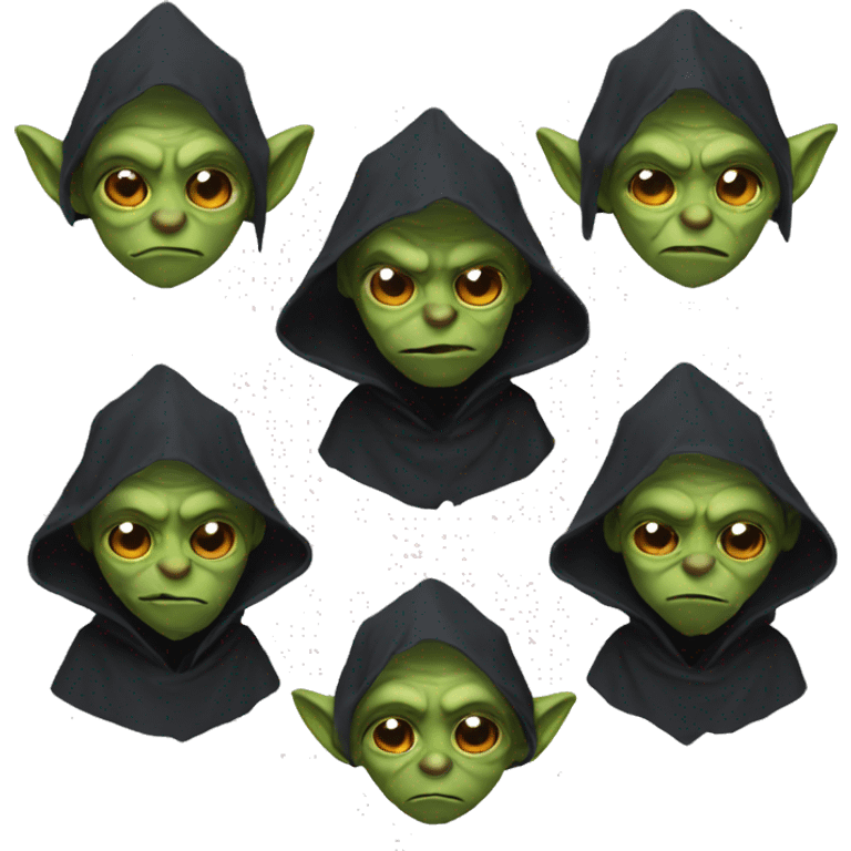 Goblin head, wearing a dark cape, hood,  front view,  emoji