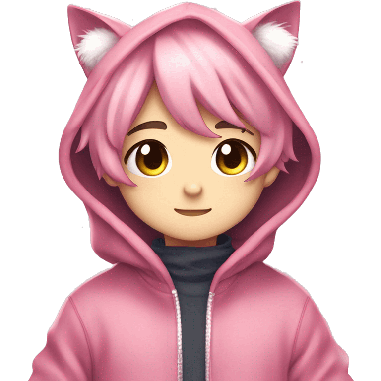 Cute Kawaii Beautiful Gorgeous Sparkly Shiny Blushing Anime Style Catboy Wih Pretty Hair And Hoodie emoji