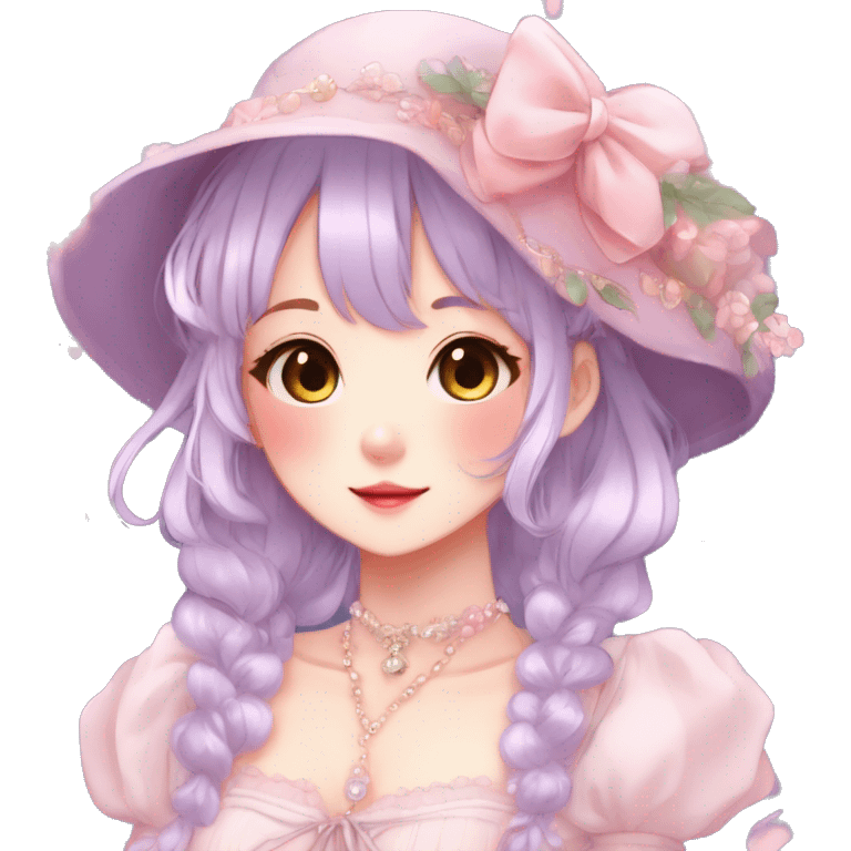 Gorgeous anime style lady with blushing face and accessories cottagecore fairycore Kawaii anime colorful pearly romantic aesthetic trending style emoji