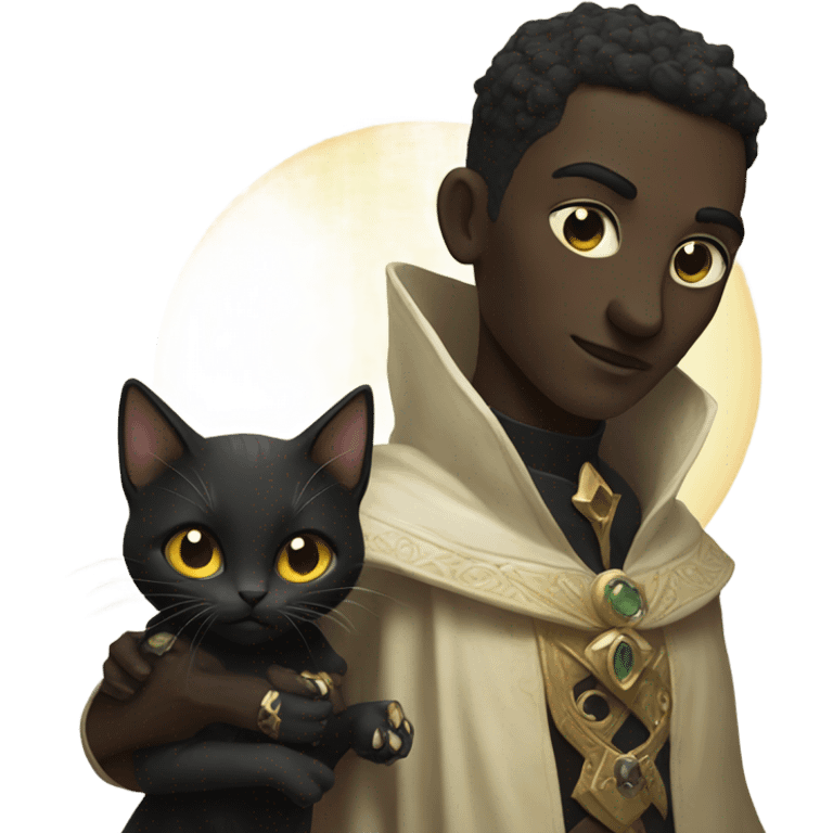 A pale sun warlock who is holding a black kitten emoji