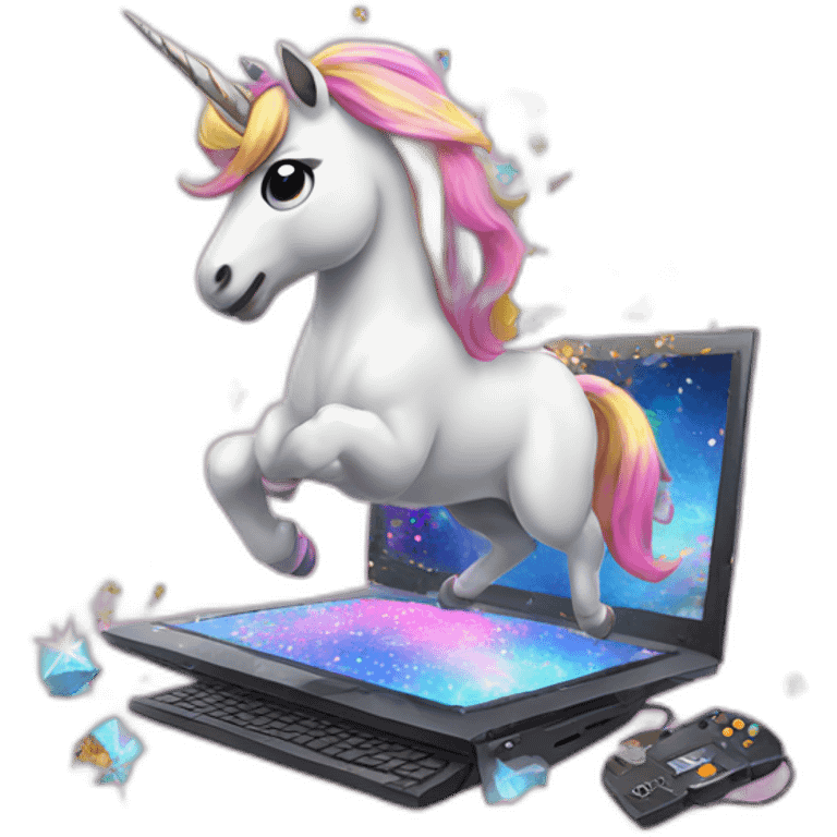 Unicorn playing videogames glitter explosion emoji