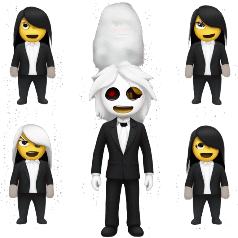 It's a male. It has white skin. It has black demon raga. It has black hair and long hair. It has a blindfold. It has got normal ears. It has sharp teeth. It is dressed in a black suit with a black tie. It has a thin tail and black demon tail. emoji