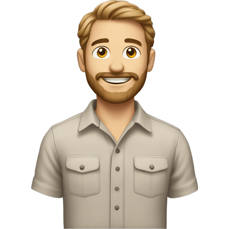 Man with light skin, Caucasian, shoulder-length wavy light brown hair, beard, mustache, friendly smile, wearing a casual button-down shirt. emoji