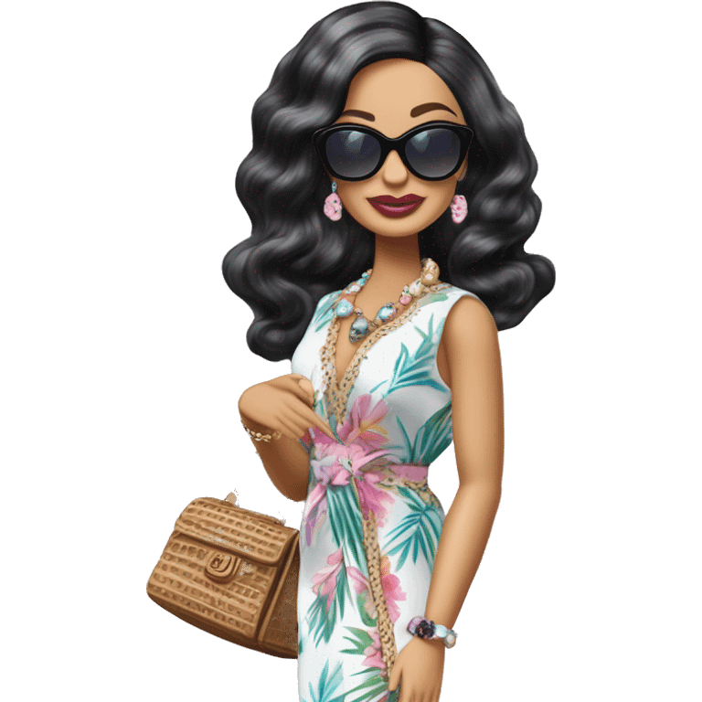 Palm Beach Breeze Barbie Wednesday Addams ,white skin, full body visible, wavy hair,handbag, earrings,floral caftan,small 2 piece, sunglasses,heels,holding yorkie Miss Thang emoji