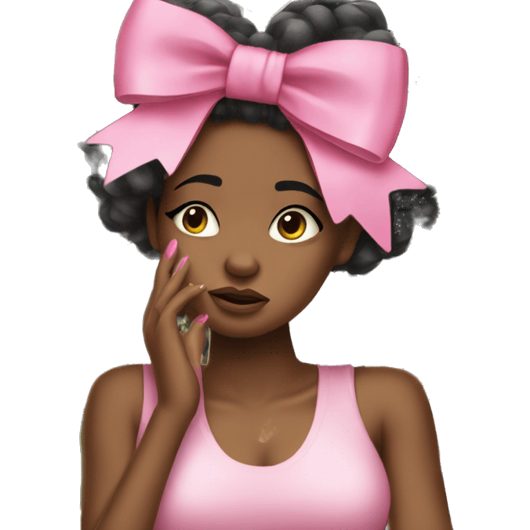 Stylish black girl crying with pink bow on her hair and stack of money on one of her hands emoji