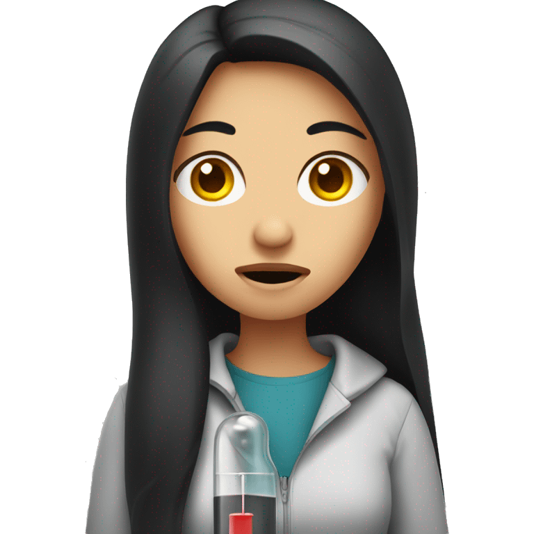 A woman with long dark hair with a thermometer in her mouth and sad look on face emoji