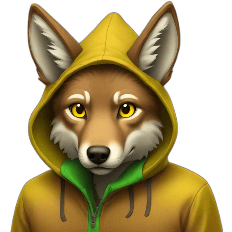 brown coyote with yellow eyes and a green hood that sadly emoji