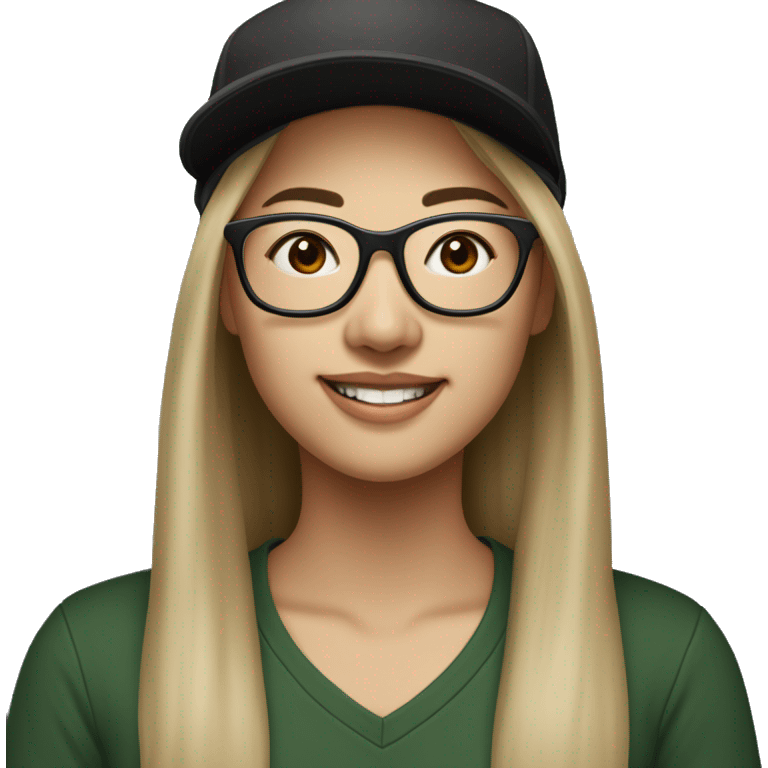 Hyper realistic, look from side, asian adult woman, light white skin, smiling with teeth, black eyes, spotted frame glasses, long light brown straight hair, black T-shirt, dark green cap. emoji