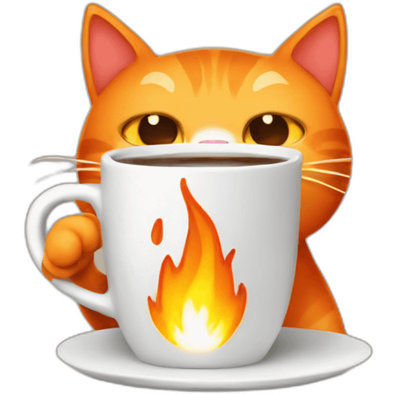 orange cat with fire and a cup of coffee emoji