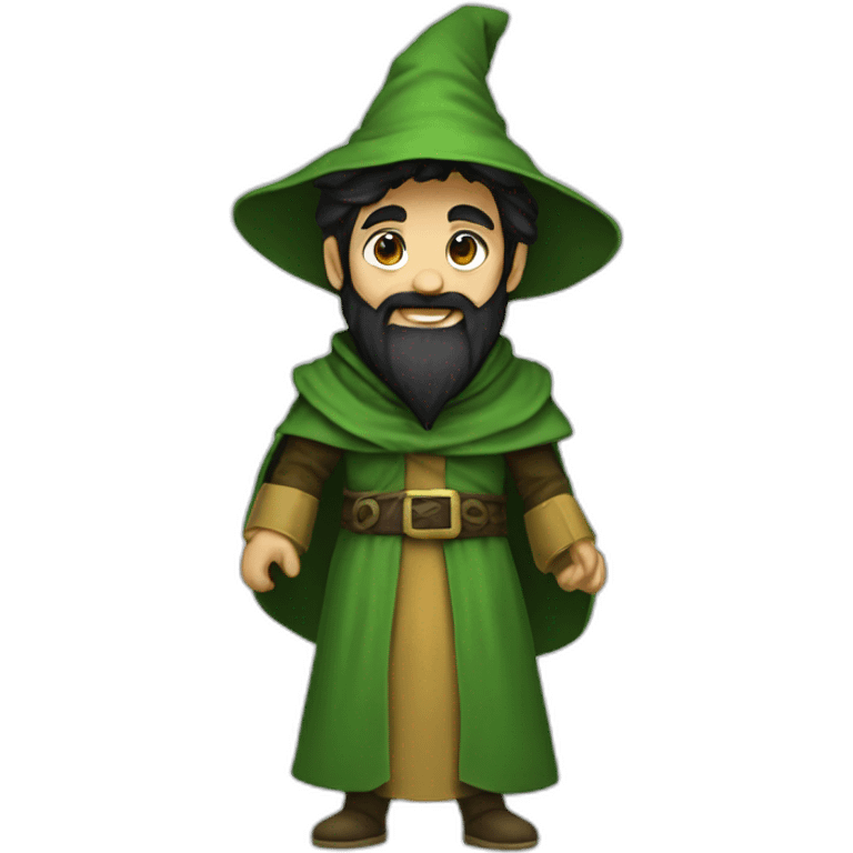 Little mage. Happy. Green cloths. Young look. Black beard.  emoji