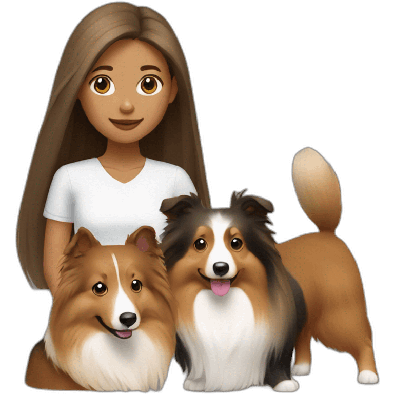 yong woman with light-broun straight hair holds a sable sheltie and bi-black sheltie emoji