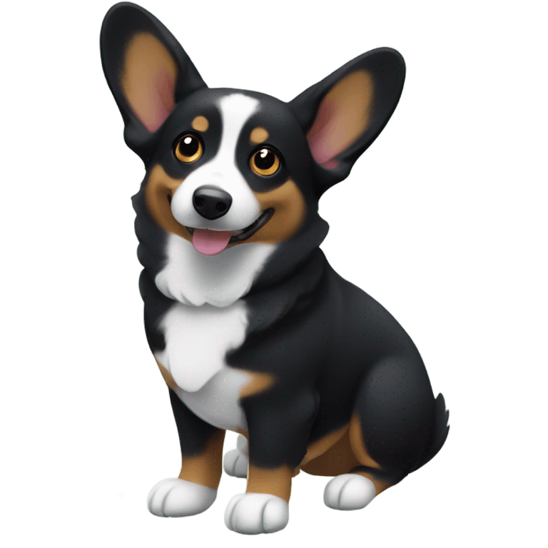 Black corgi with one floppy ear next to a christmas tree emoji