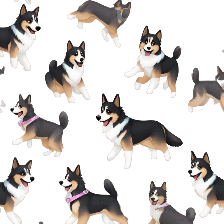  Black spotted brindle German shepherd husky fluffy ears and holographic harness running emoji