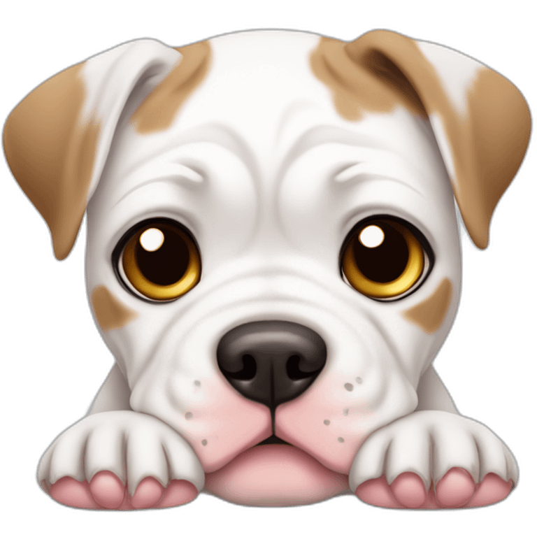 Sad White American bulldog puppy with a brown patch and hearts emoji