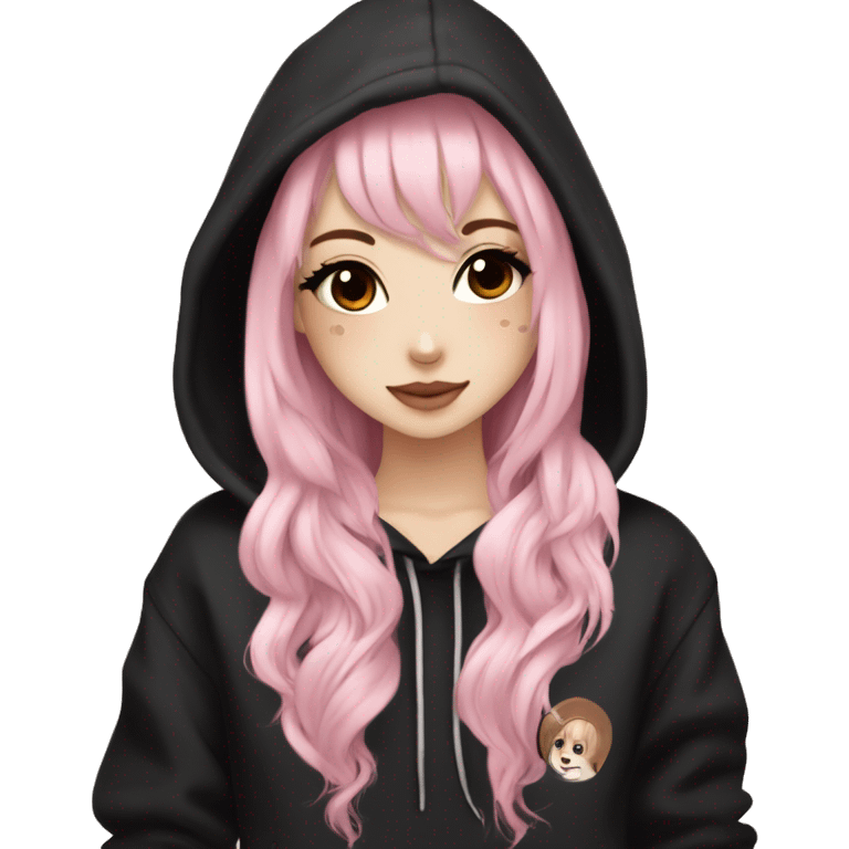 hime gyaru girl, tattoos, pale skin with medium brown and light pink hair, dark makeup, black hoodie emoji