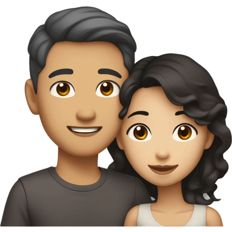 A half pale Asian man with short dark hair and amber eyes embracing and loving a half Asian woman with long wavy dark hair and dark hazel eyes. They love each other a lot And have good fashion taste. emoji