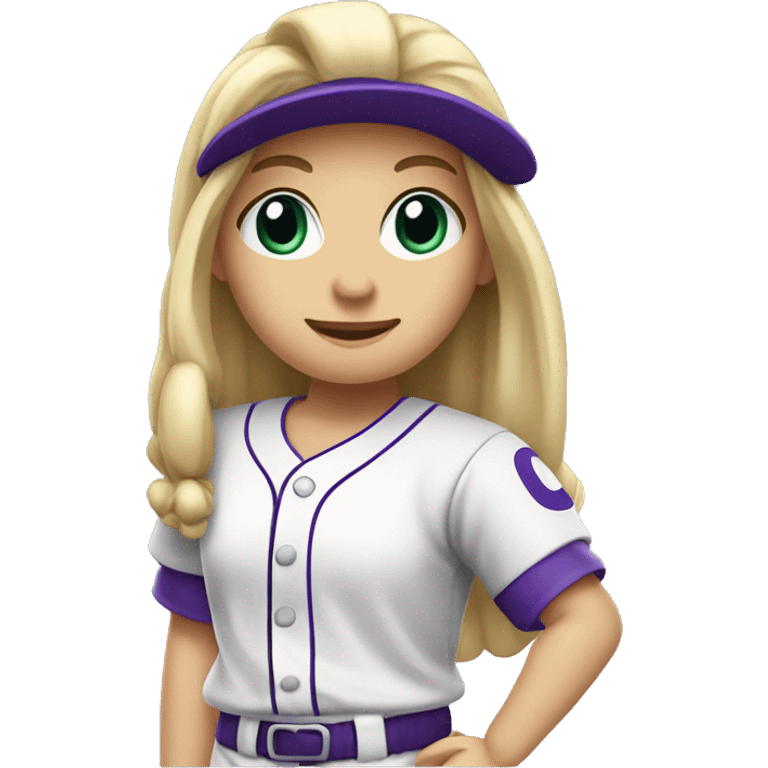 baseball card character. Blonde female long straight hair. letter C logo. Purple and white uniform. emoji