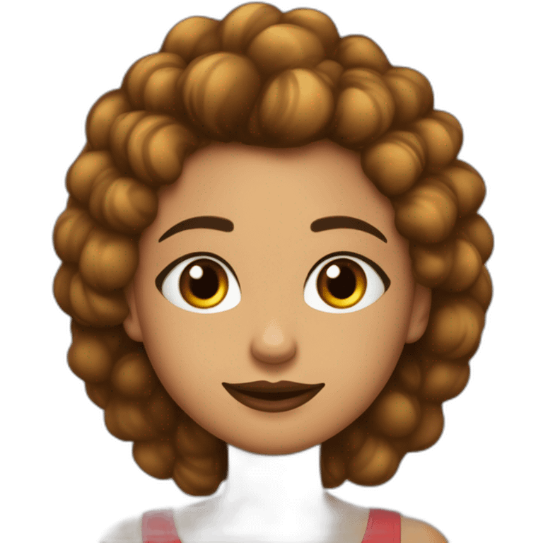 Chica de pelo negro largo y liso ojos marrón claro y almendrados labios gordos y dientes bien colocados tiene hecho el eyeliner y lleva una camiseta roja emoji