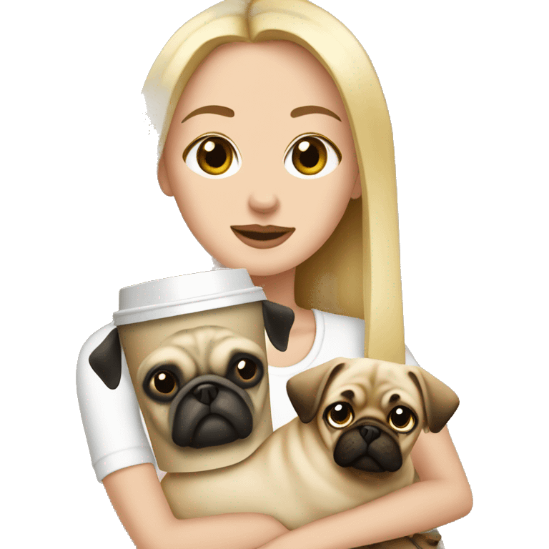 Blonde girl holding a pug and Starbucks emoji