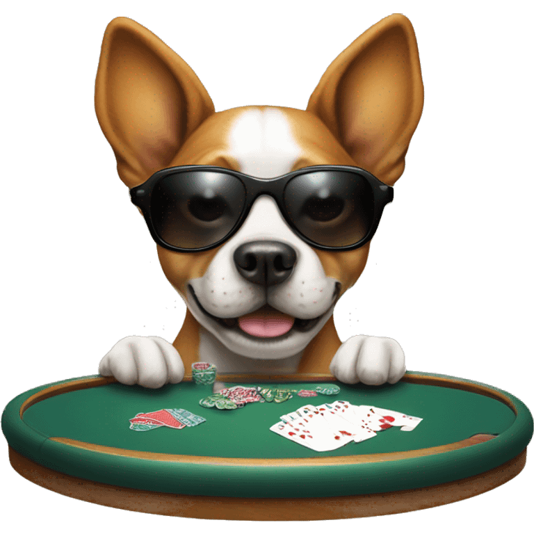 Dog playing poker at poker table, wearing shades, holding 2 cards emoji