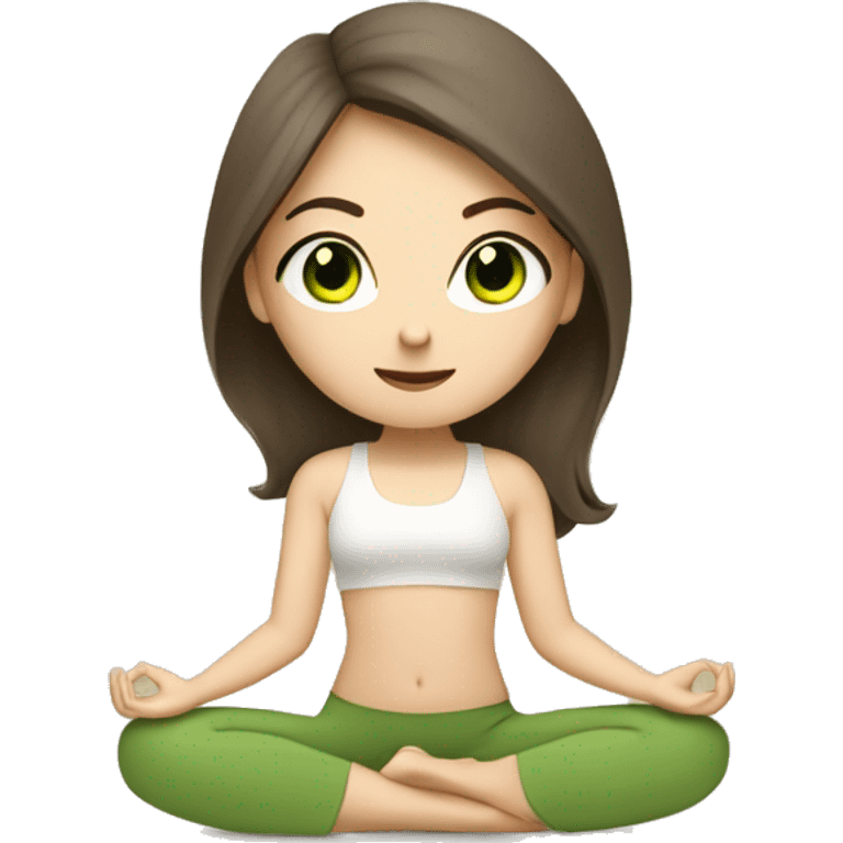 White brunette Girl with green eyes doing yoga in beige tones  emoji