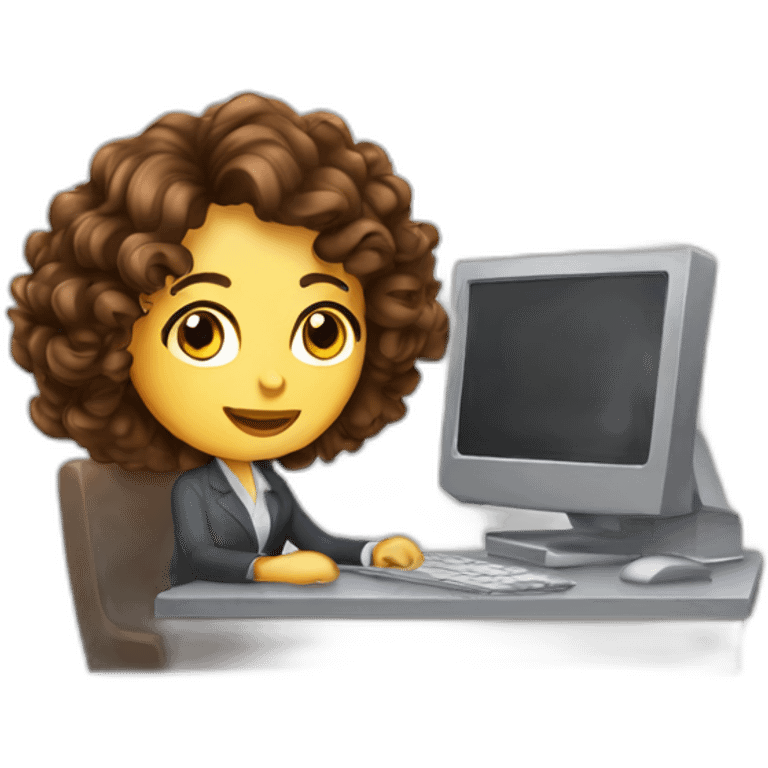 Secretary curly brown hair computer and drinking coffee emoji