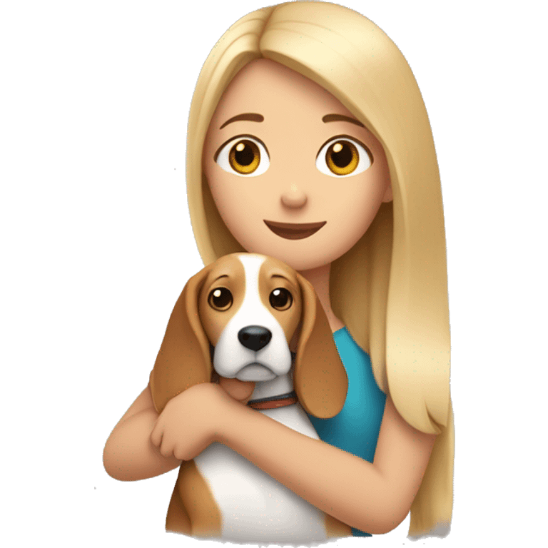 Girl with long light hair hugging a beagle emoji