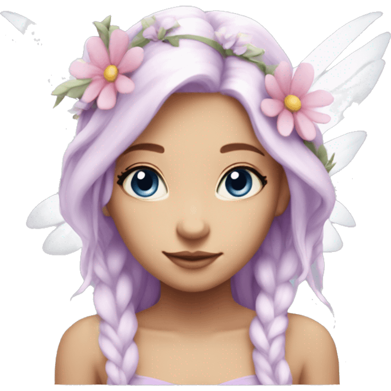 Beautiful, flower fairy, white long, light pink hair, big wings, fair skin, light violet eyes  emoji