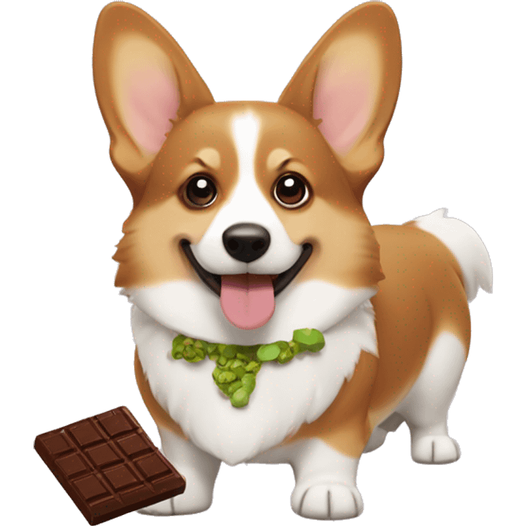 Corgi which has a rectangle half eaten chocolate which has pistachios inside next to him emoji