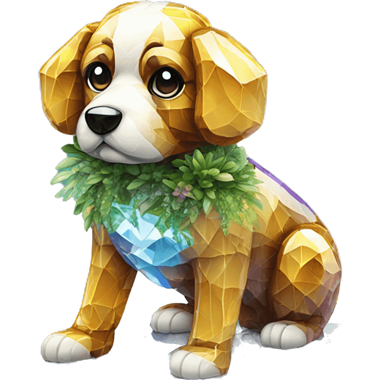 A dog made entirely of glass mirror crystals prisms glass transparent filled with plants as a terrarium emoji