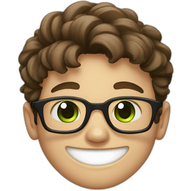 Teen boy with brown hair, green eyes, circle glasses big nose and pretty smile emoji