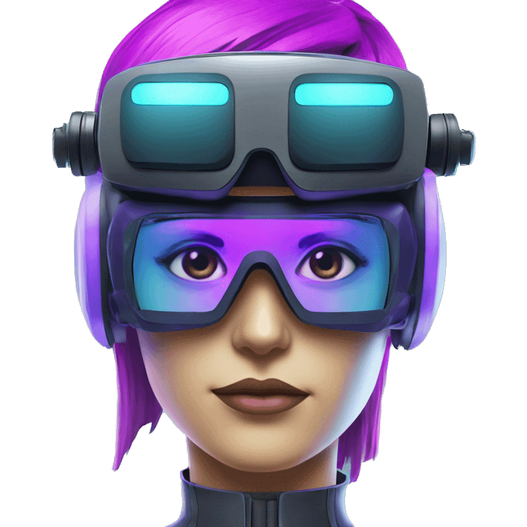 Secret human agent in a futuristic hat with in Apple VR goggles headset code display on the goggles , cyberpunk, cyan and purple colors, only upper body portrait, front facing the camera  emoji