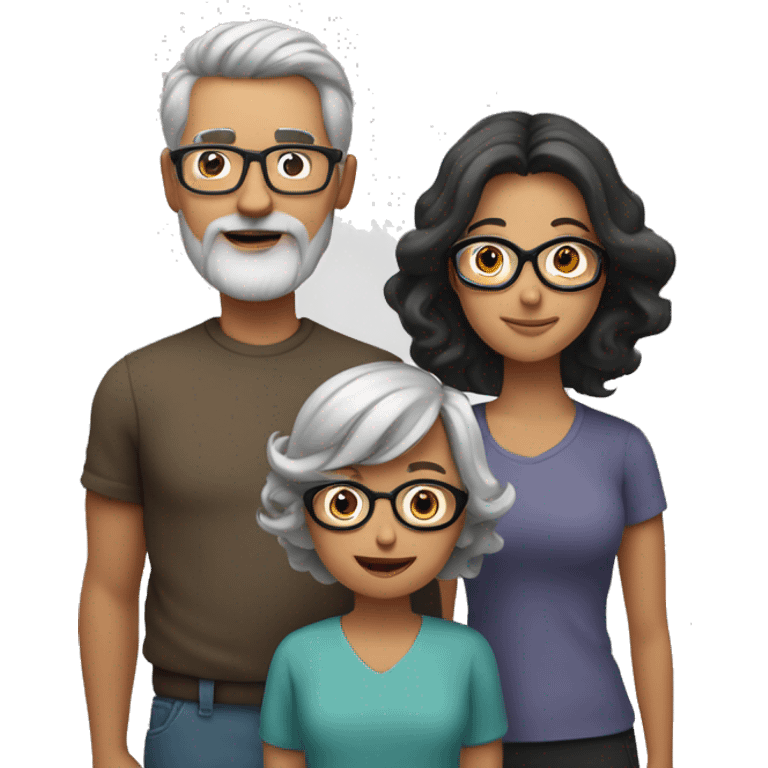 Familiy Group. Dad with grey short hair. Mother with brown shoulder long hair. Son with shorter black hair and beard. Everyone is wearing glasses emoji