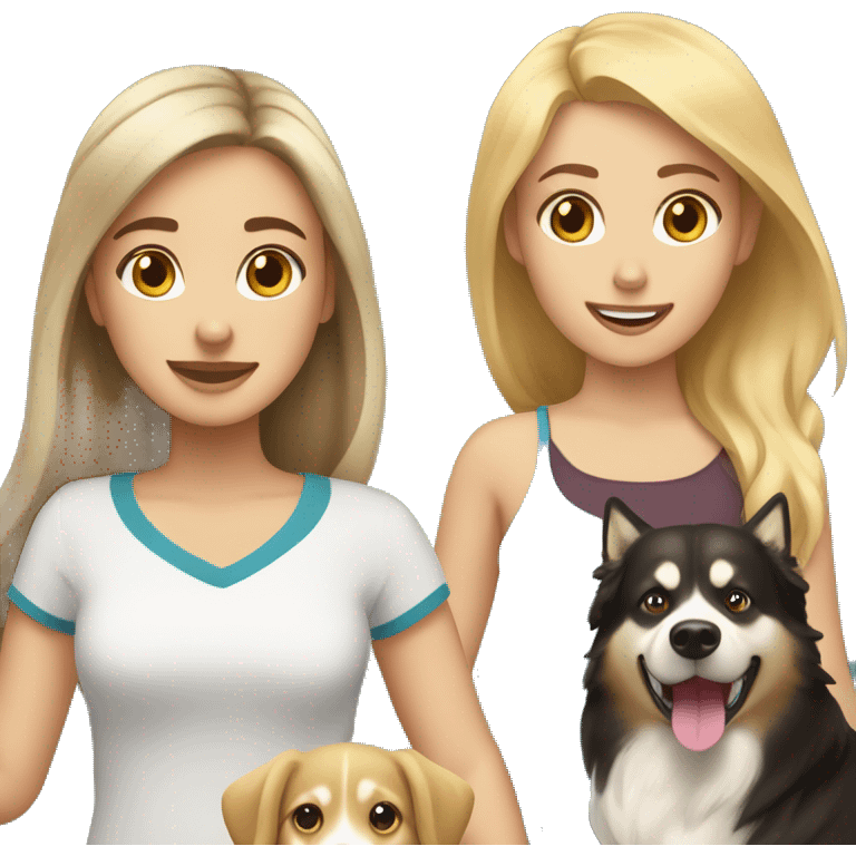 girl with blonde hair and girl with brown hair playing with husky and golden retriever emoji