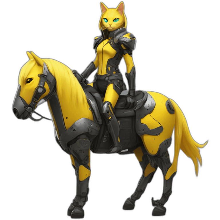 a yellow cat knight on a cyberpunk mech horse，full body emoji