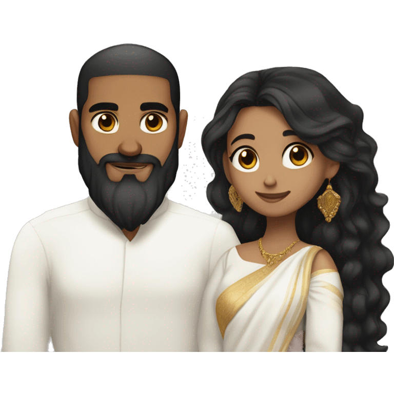 Light skin;Black long hair girl  in a white saree hugging with a man with black beard and hair on top emoji