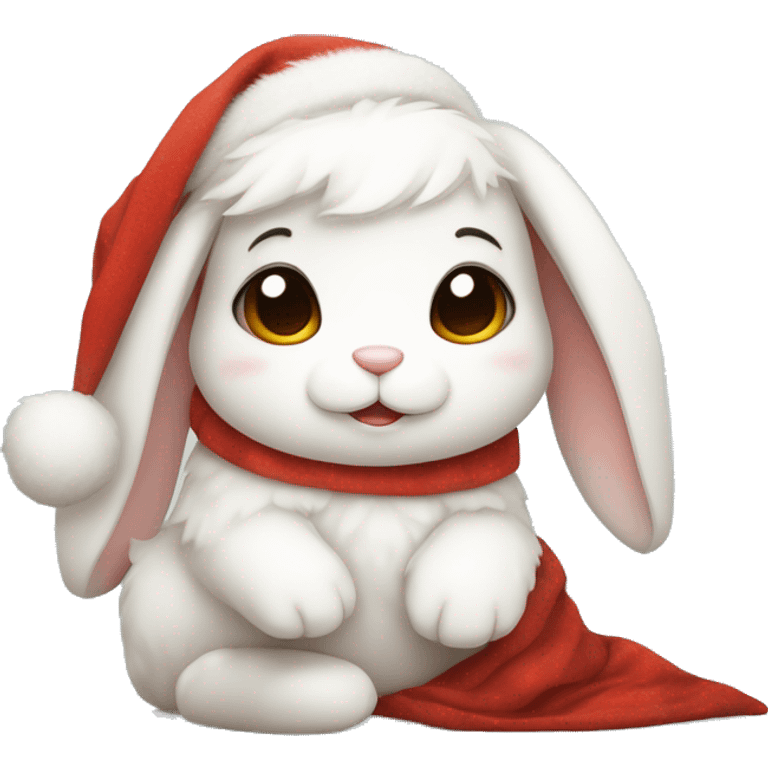 White cute fluffy bunny with brown eyes sitting wrapped in a christmas blanket with santa hat emoji