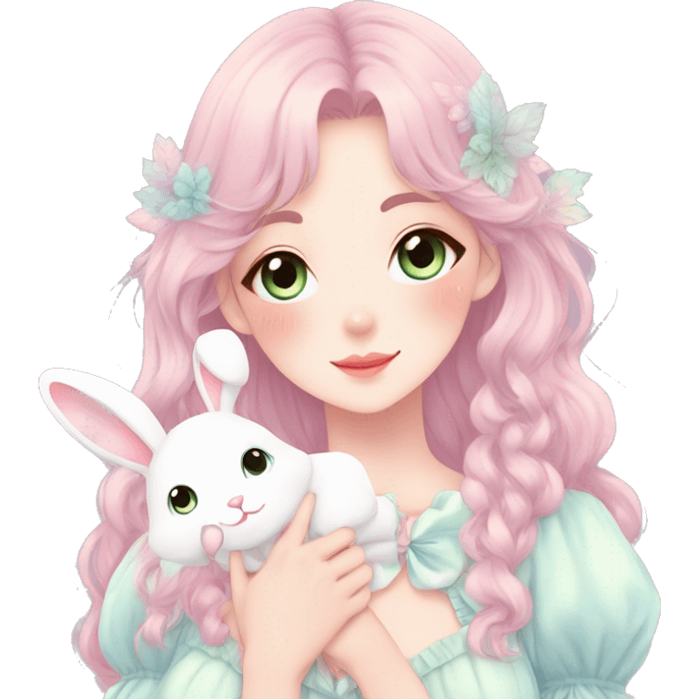 Gorgeous pastel anime style lady with blushing face and holding a bunny cottagecore fairycore pastelcore colorful pearly romantic simplistic aesthetic trending style emoji